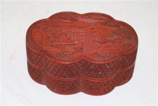 A Chinese cinnabar lacquer sexafoil box and cover, Qianlong / Jiaqing period, width 16.2cm, slight damage